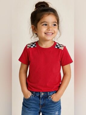 Burberry Red Girls' Short-Sleeve Tee with Signature Plaid Shoulders